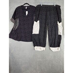 Womens Oversized Rayon Pant Set Top M Pants 1X Black White Polka Dots Boho Baggy